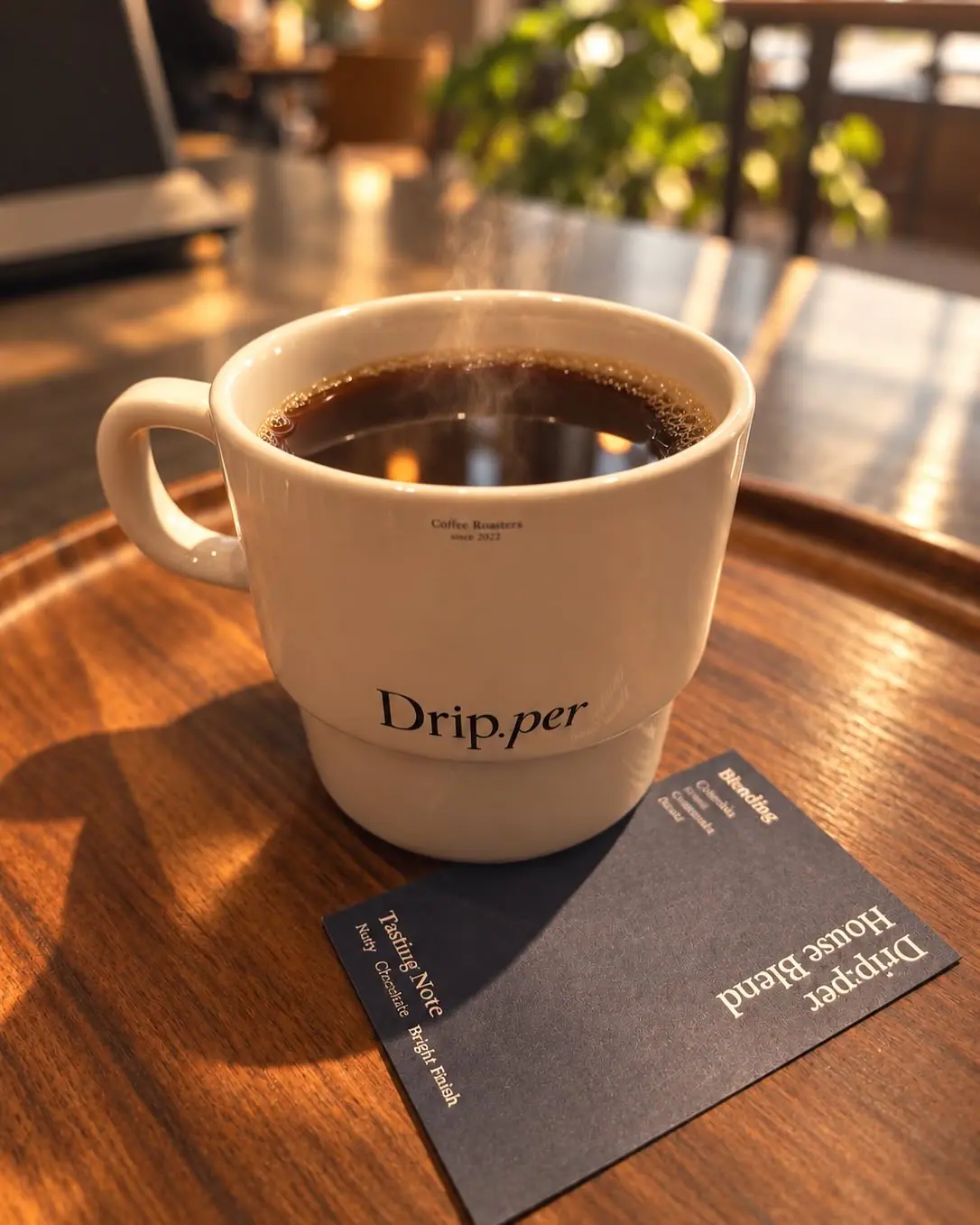 Drip.per 로고가 새겨진 흰 머그에 담긴 드리퍼 블렌드 커피. 잔 앞에 하우스 블렌드 테이스팅 노트 카드가 놓여 있다.
